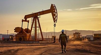 Pump jack depicting onshore oilfield production or stimulation activities.