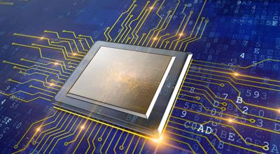 generated image of a processor surrounded with integrated circuits on an electronic board