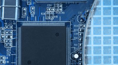 card with inegrated circuits and components. waffle with multiple integrated processor cores